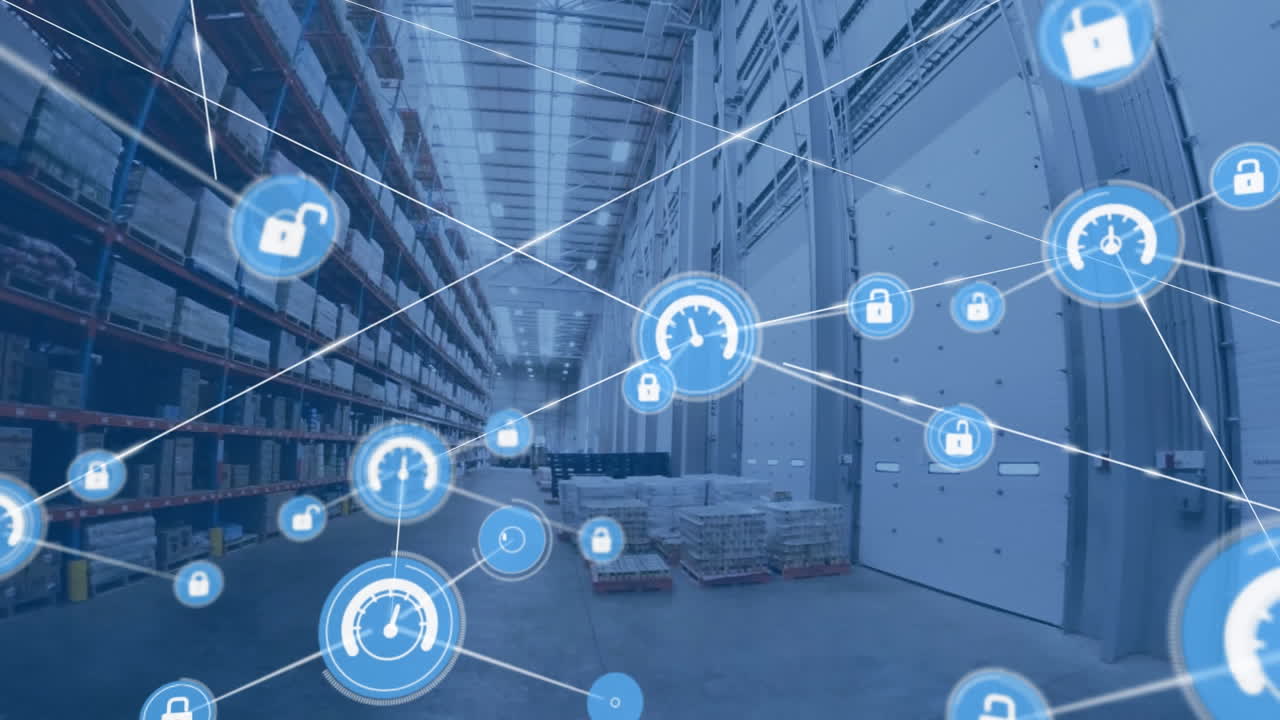 빈 창고 위에 아이콘으로 연결된 네트워크의 애니메이션