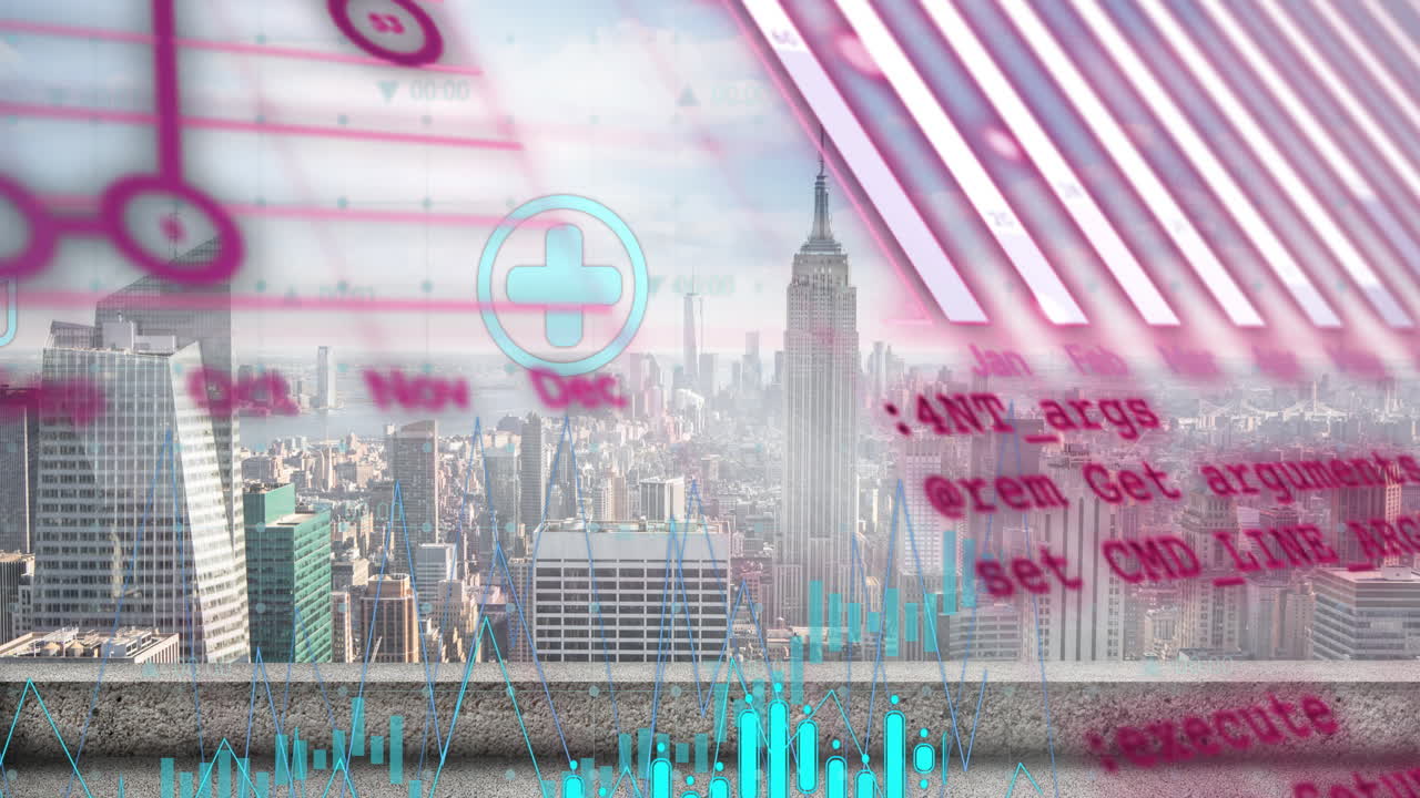 빛 도시 풍경에서 데이터를 처리하는 그래프와 차트의 애니메이션