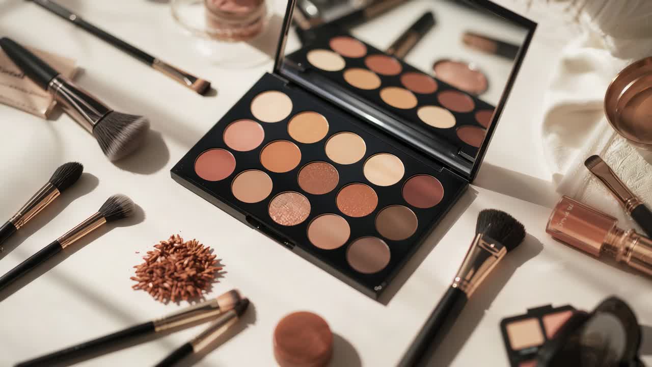 Shifting camera revealing open eyeshadow palette on satin vanity, highlighting mirror and brushes