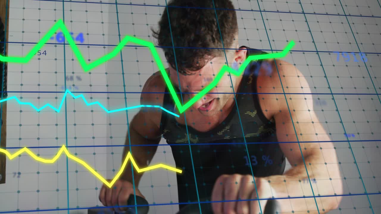 Man starting hard sprint on stationary bike, gripping handles and animated charts measuring fitness