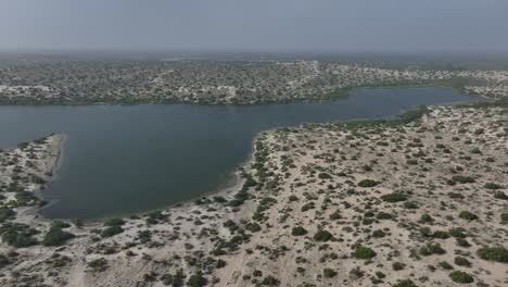 vista aérea de un hermoso paisaje y un lago rodeado de desierto de arena y mientras matorrales en sindh pakistán