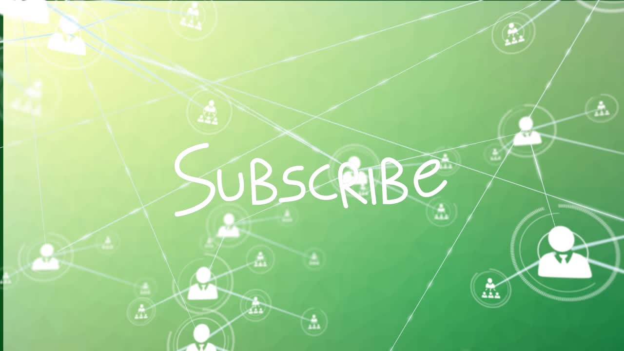 Animazione di una rete di connessioni con icone sul testo "Iscriviti" su sfondo verde.