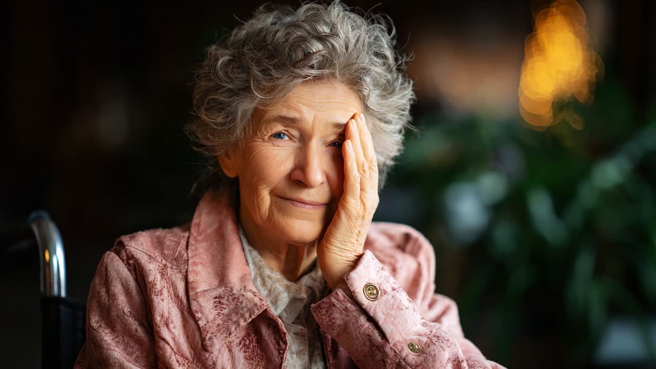 A Heartwarming Portrait of an Older Woman Expressing Contentment in a Cozy Setting, Capturing the Essence of Joy and Serenity as She Smiles While Resting Her Hand on Her Face, Evoking a Sense of Peace and Warmth