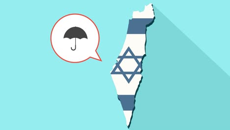 animation of a long shadow israel map with its flag and a comic balloon with a umbrella