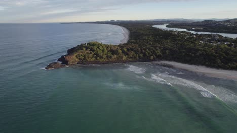 Fingal-Lighthouse-And-Headland-In-New-South-Wales,-Australia---aerial-drone-shot