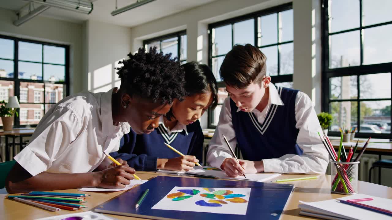 Three students collaborate on art in a sunlit classroom. Captured from a side angle, the video