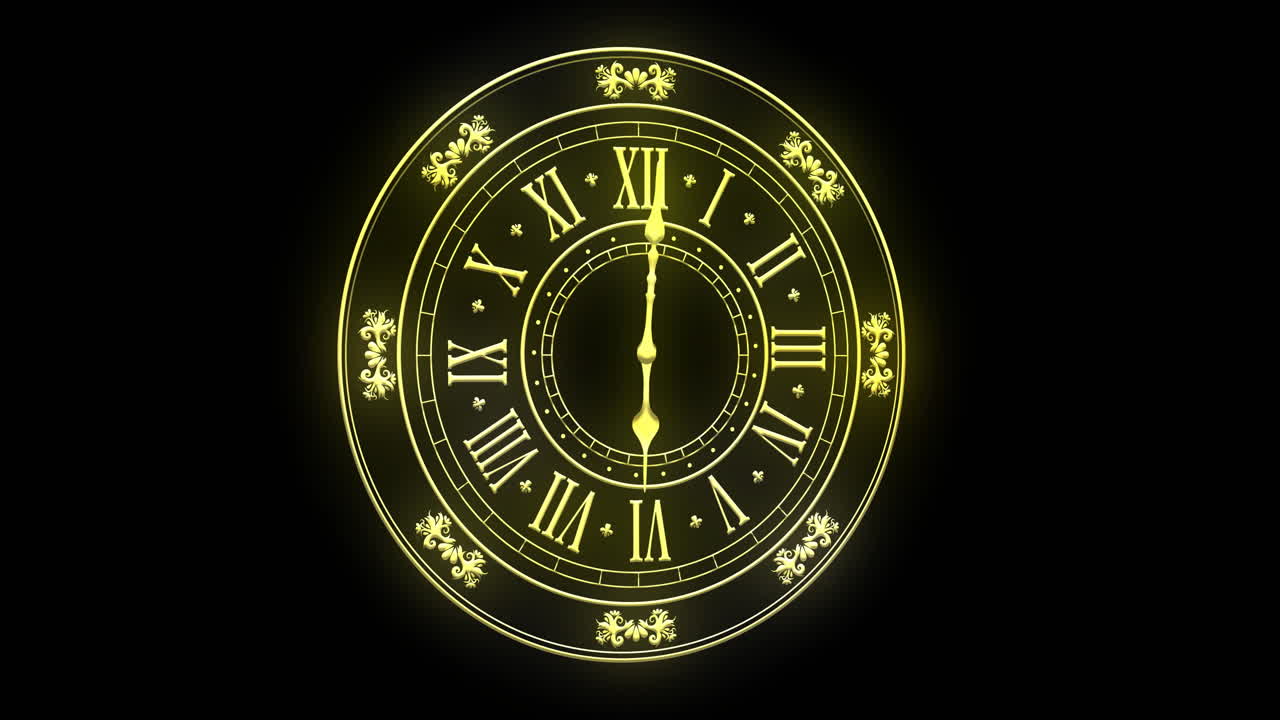 Animation of clock showing midnight on black background