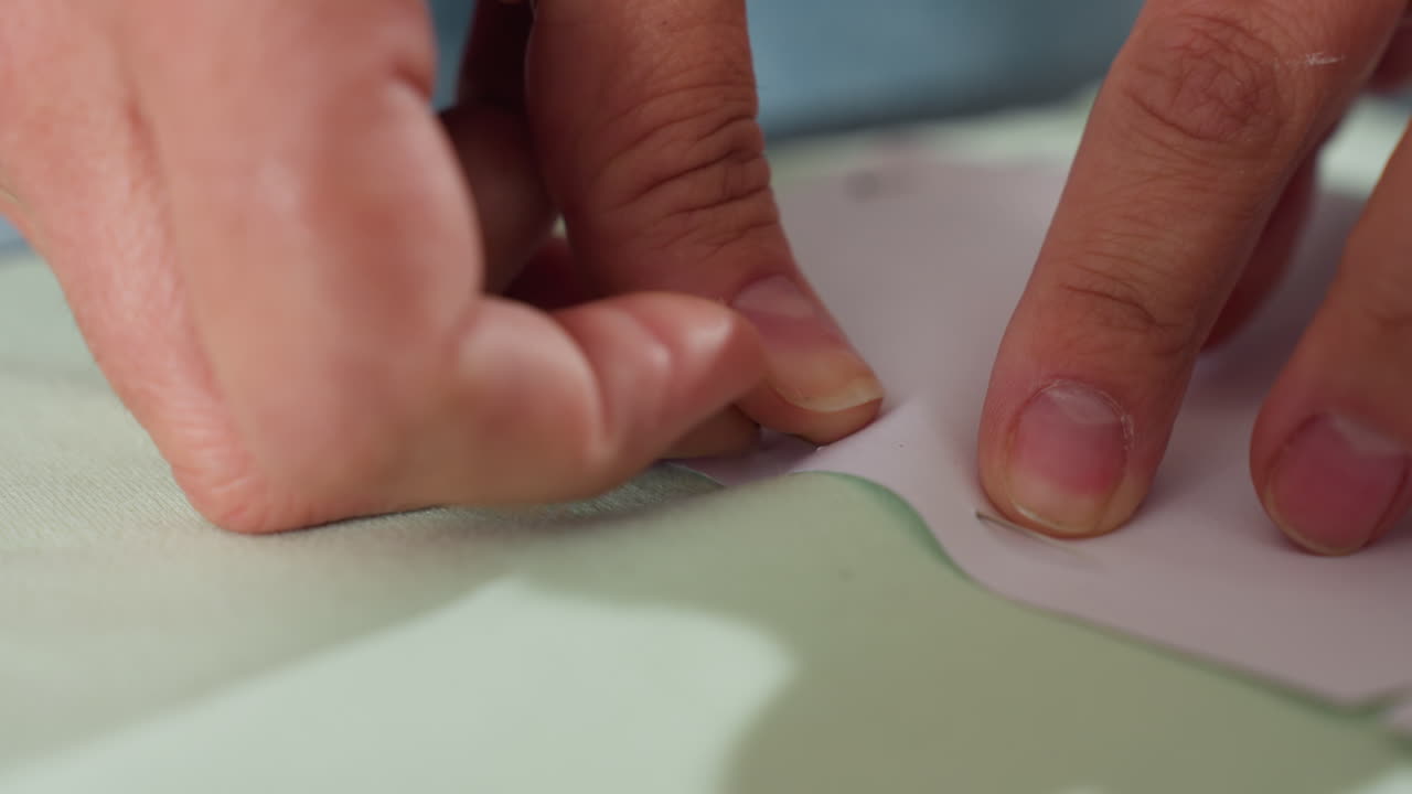 Close up view of dress maker hand delicately securing white paper pattern onto elastic light green textile with needle during garment preparation process in sewing studio focused on fabric layout