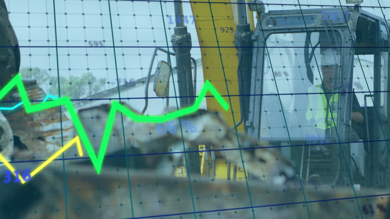 Animation of financial data processing over caucasian worker at rubbish dump