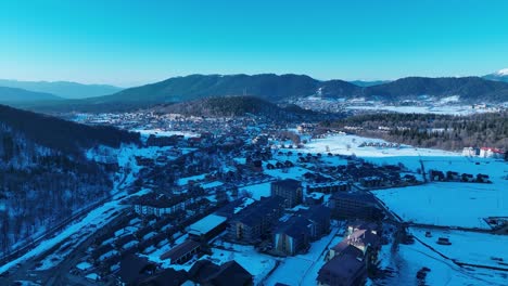 a breathtaking aerial view of a dense forest blanketed in snow, with majestic snow-capped mountains in the background, capturing the pristine beauty of winter