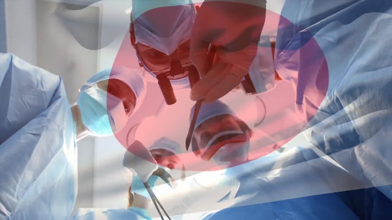 수술실 에서 외과 의사 들 위 에 흔들리는 일본 국기 의 애니메이션