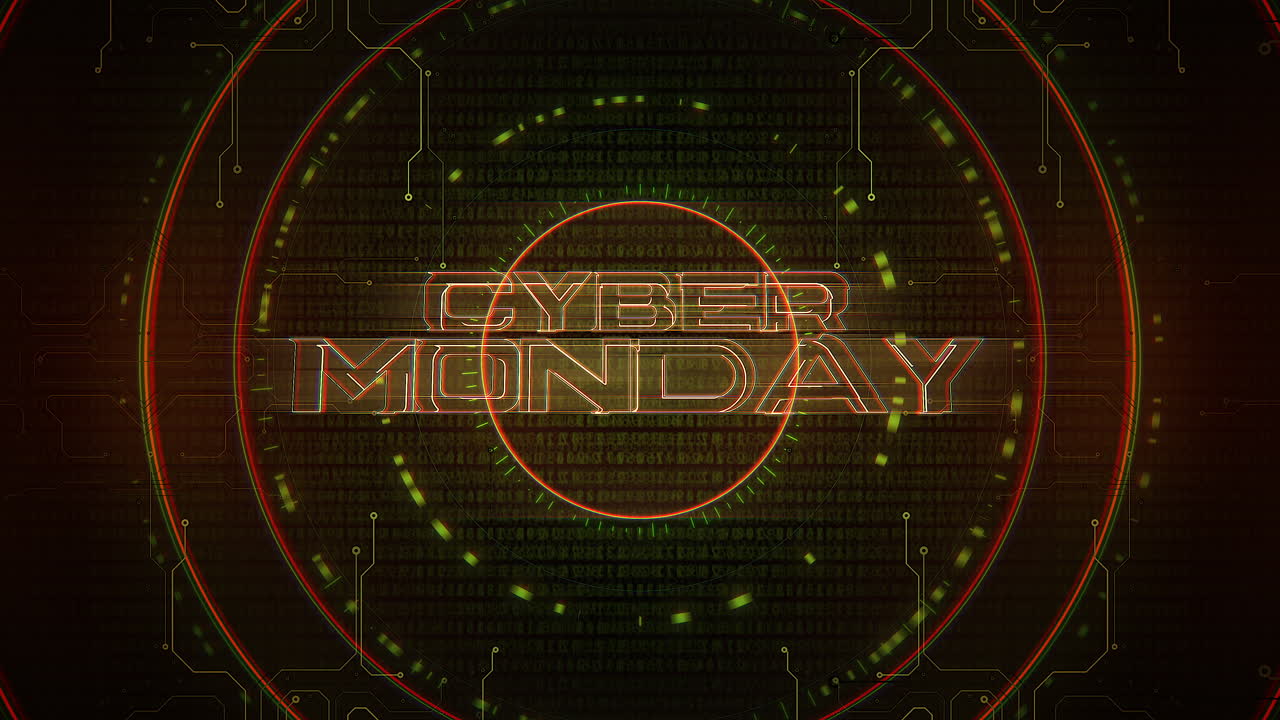 Cyber Monday text with HUD elements on display