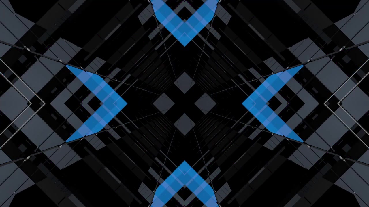 Tunnel geometrico astratto con effetti di luce blu pulsante