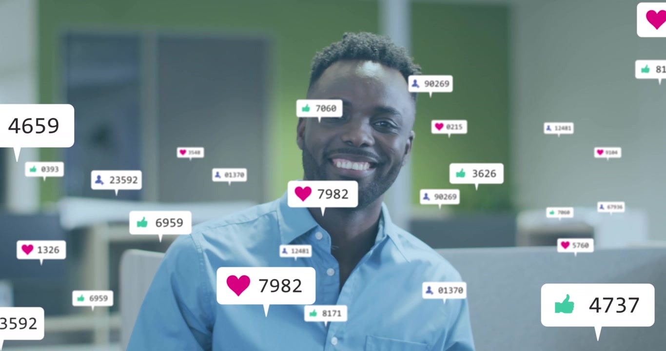 Animation of social media icons with numbers over diverse business people
