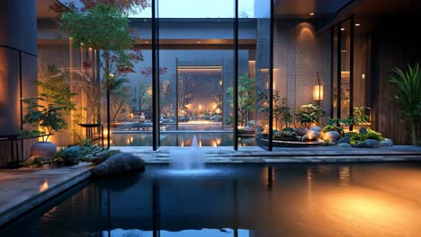 serenity in a luxury indoor spa at dusk with tranquil gardens