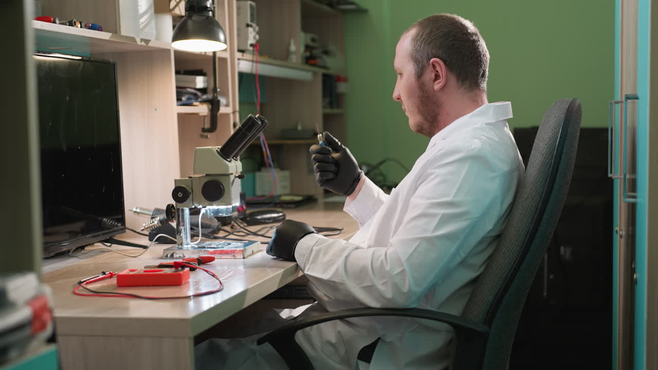 близкий взгляд на техника в лабораторном халате, регулирующего винт в руке под настольной лампой, он наблюдает винт с схемой под микроскопом и различными инструментами на столе и полке