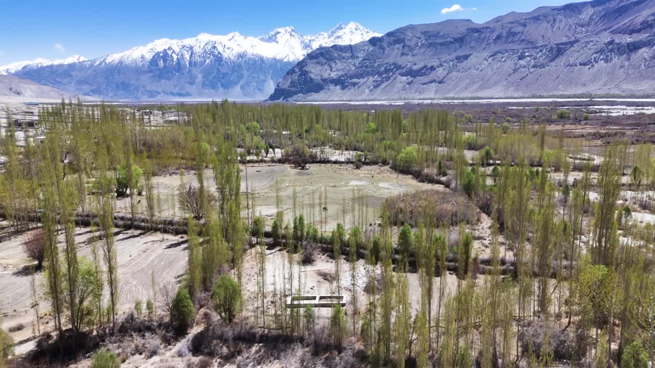 Aerial drone shot capturing the peaceful Sumur village nestled in the rugged terrain of Ladakh’s Nubra Valley.