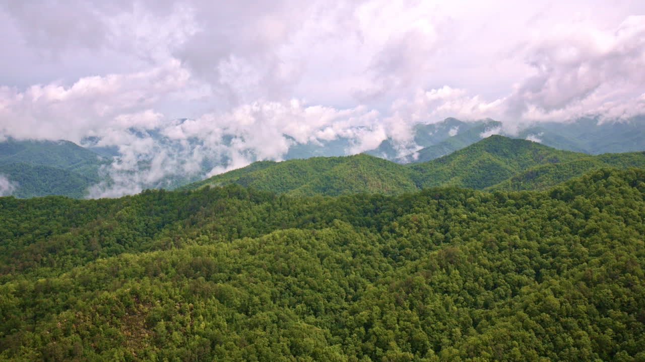 Aerial cinematic view filled with Smoky Mountain atmosphere.