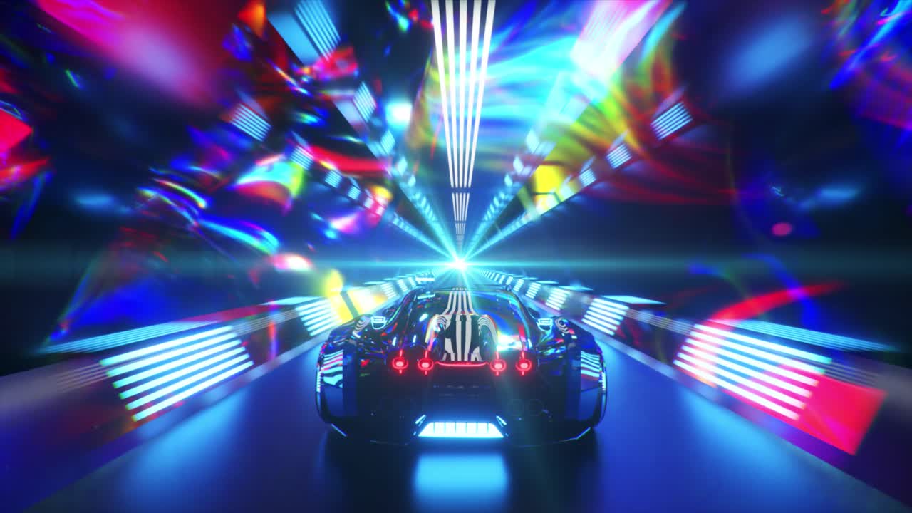 네온 터널에서 미래의 자동차