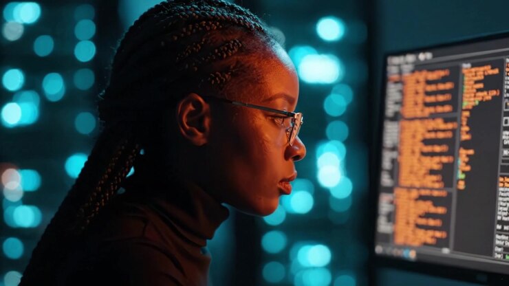 Focused Programmer Analyzing Code on Computer Screen in a Modern Digital Environment with a Cool Blue Background and Detailed Lines of Programming Text and Data
