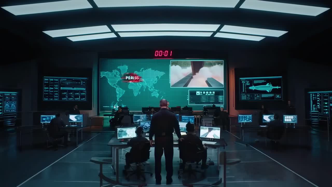Wide-angle shot of a command center with operators at computers, evoking a video game style
