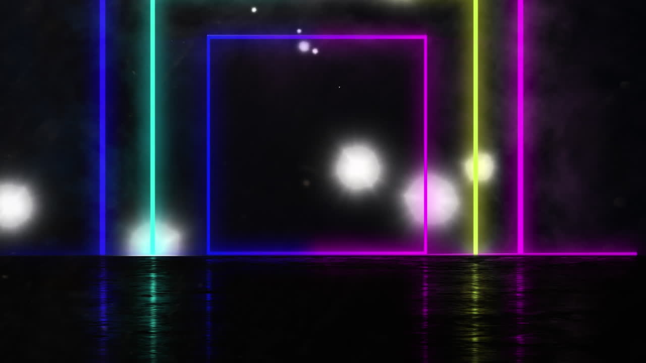 Animace pohybujících se barevných geometrických tvarů nad světly a geometrickým pozadím