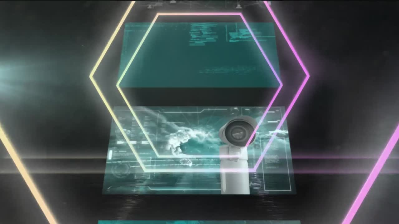 인터페이스 화면의 캐스케이드에 데이터 처리를 통해  ⁇ 색과 분홍색 네온 육각형의 애니메이션