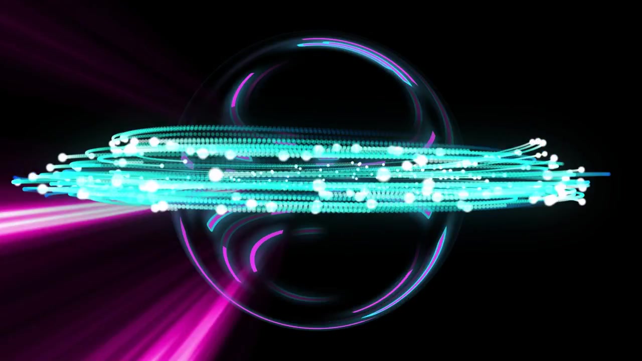 Magenta beam entering right hitting rotating cyan dot ring around sphere forming technology cross