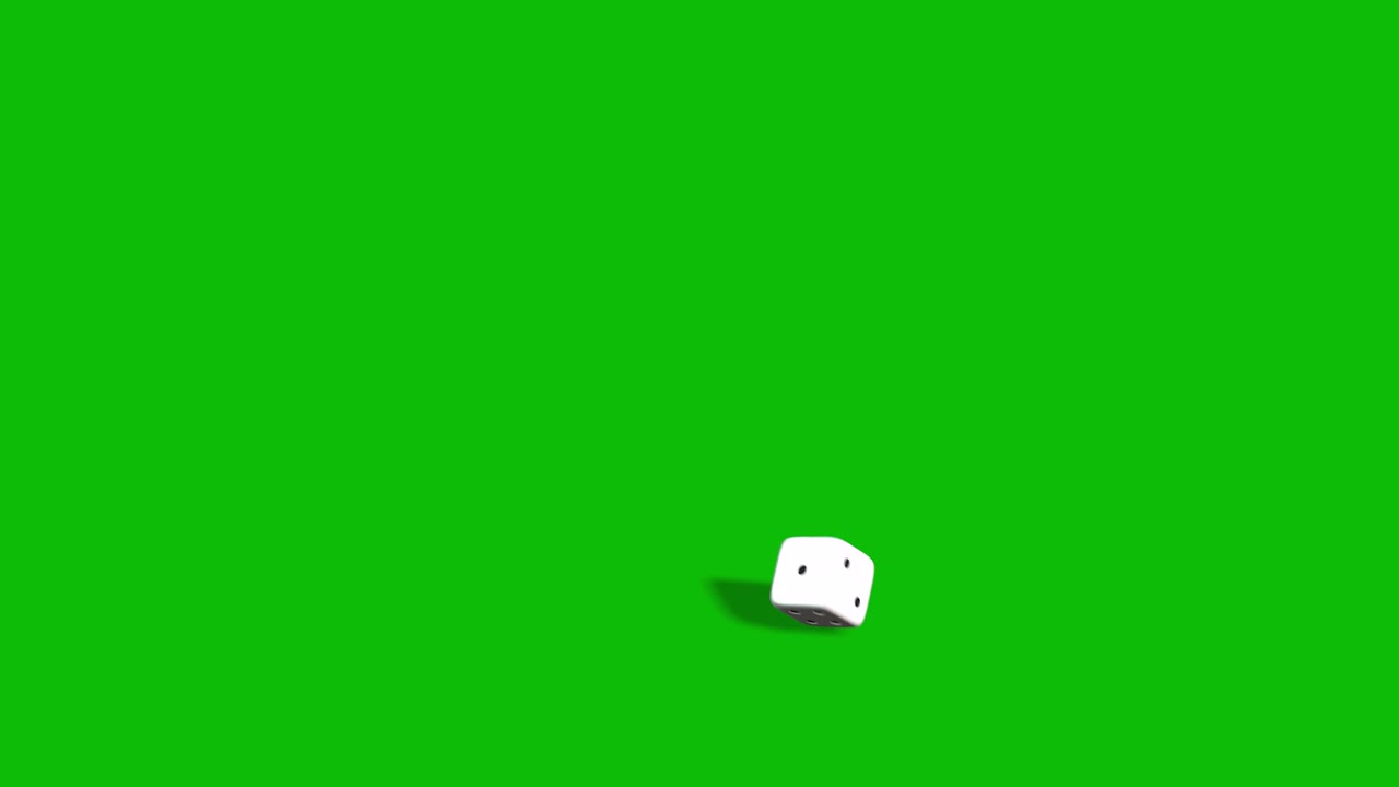Hvide casinoterninger, der ruller og lander på tallet 2, på grøn skærm 3D-animation.