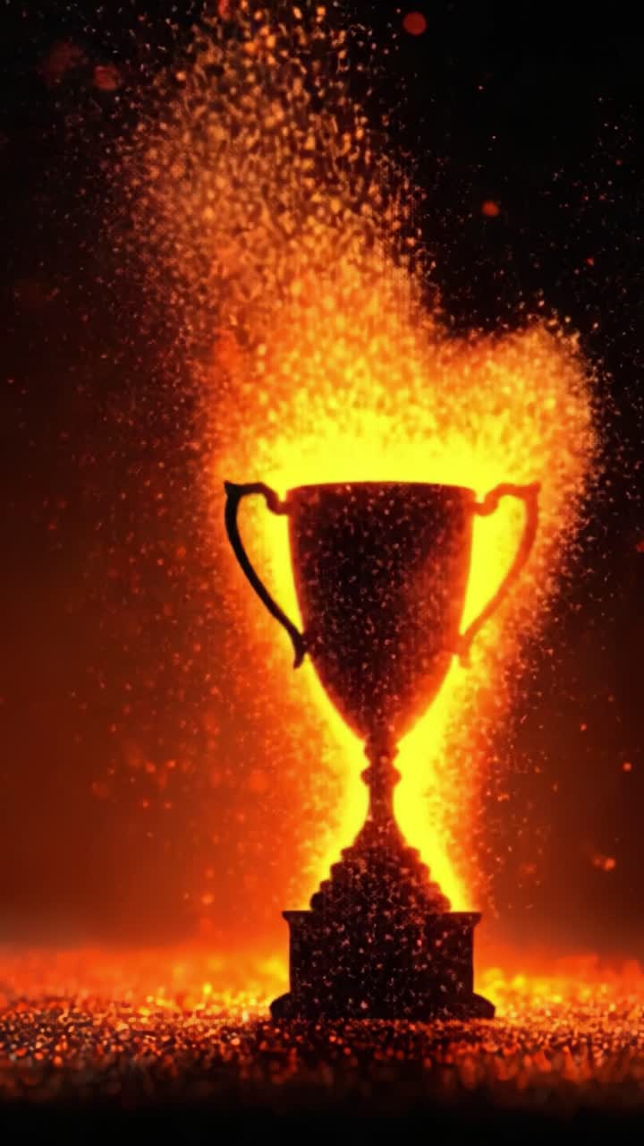 Un glorioso trofeo catturato tra fiamme e scintille radiose, simboleggiando vittoria e successo in uno straordinario spettacolo di luci e ombre.