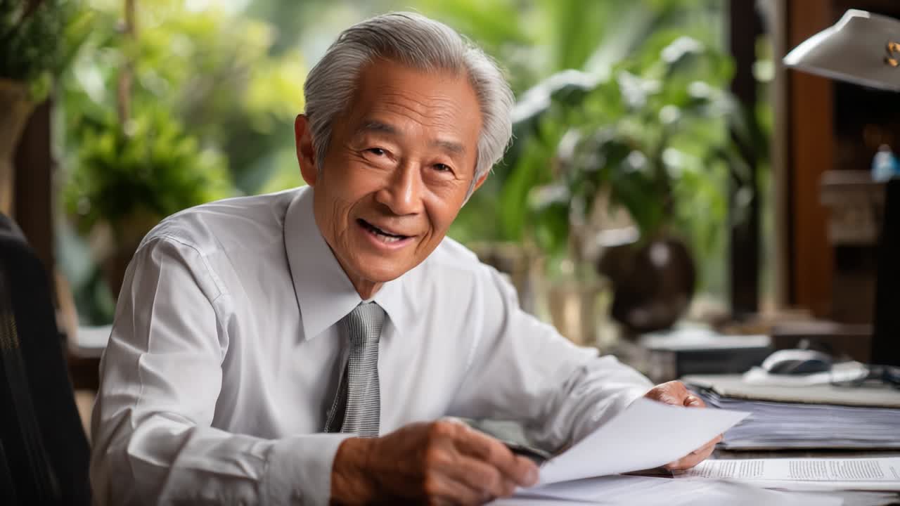 A Thoughtful Elder Seated at a Desk Surrounded by Lush Greenery, Holding Papers and Exuding Wisdom and Calmness, Perfect for Portraying Introspection and Experience in a Professional Environment