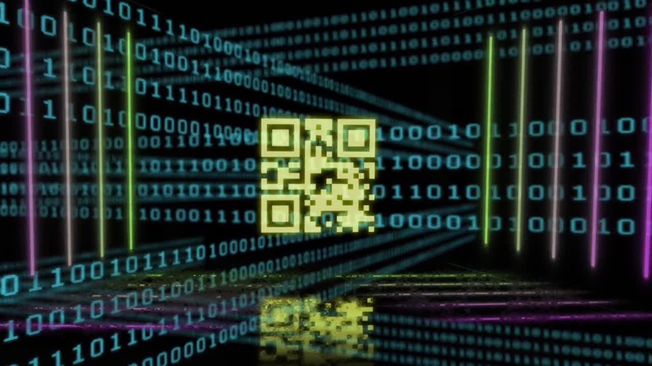 animación de código qr amarillo y luces de neón sobre procesamiento de datos binarios sobre fondo negro