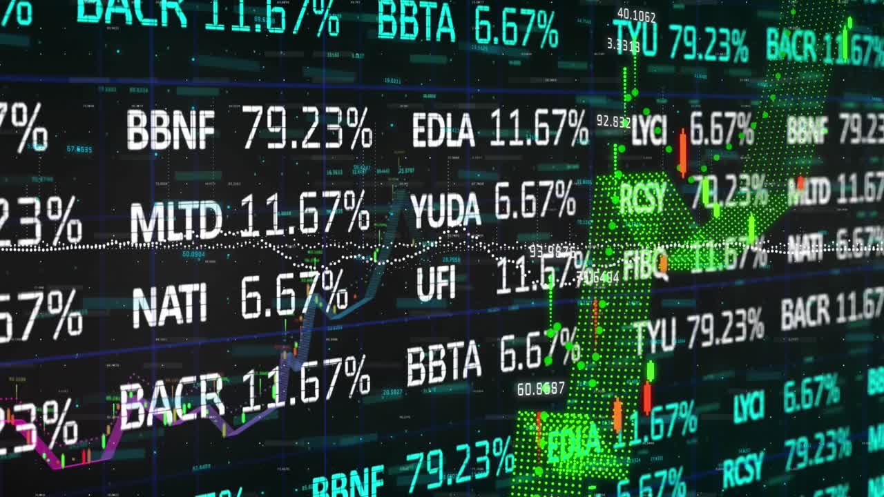 Animazione dell’elaborazione di dati finanziari e del mercato azionario su sfondo blu