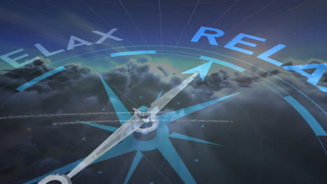 compass needle pointing north over clouds with relax text in animation