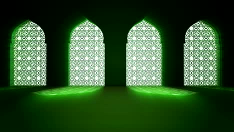islamic interior mosque window or door with beam of ray light coming inside . ramadan kareem islamic motion background. 3d animation.