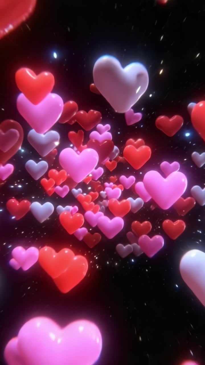 Una mostra incantevole di cuori fluttuanti in uno sfondo cosmico ipnotizzante, caratterizzato da varie sfumature di rosso, rosa e viola, che evocano amore e affetto.
