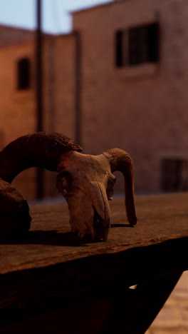 ram skull on wooden table at sunset