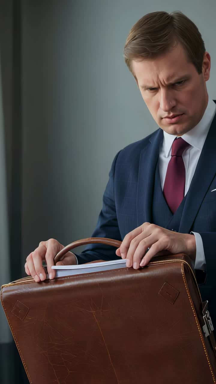 Vertical video: Gazing at briefcase, man in suit turning head left, checking while holding papers