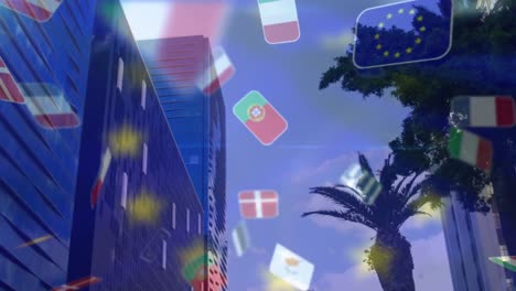 Animation-of-flags-of-european-nations-with-flag-of-european-union,-over-high-rise-buildings