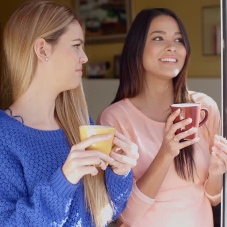 Zwei-Junge-Frauen-Schauen-Durch-Ein-Fenster