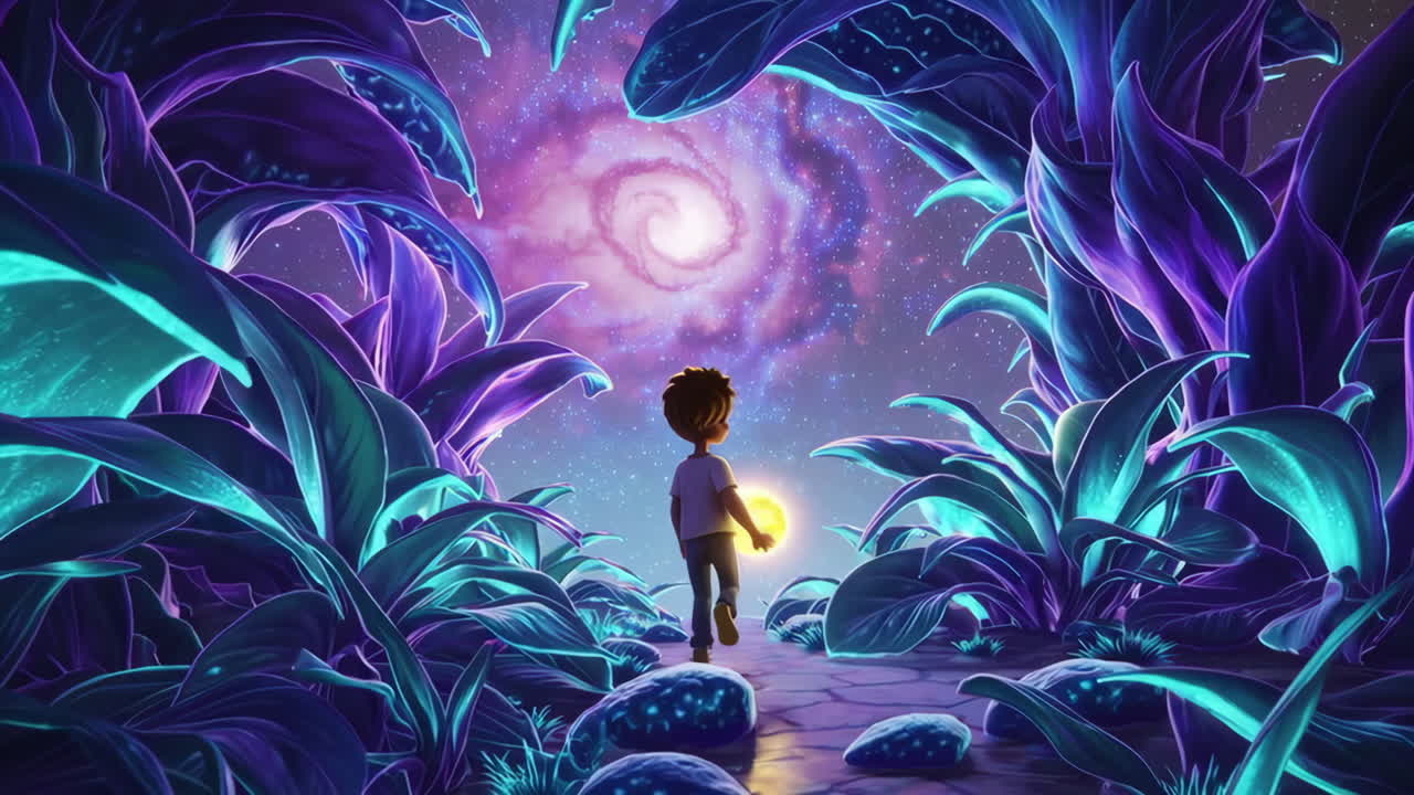 Il viaggio di un bambino attraverso un giardino alieno luminoso verso una galassia vorticosa