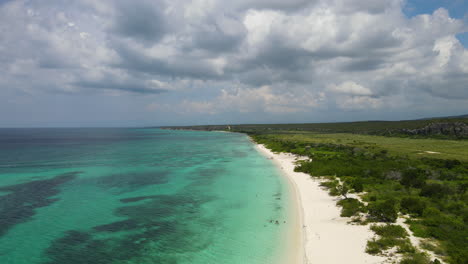 Panorama-view-of-beautiful-tropical-landscape,-sandy-beach-and-coral-in-Caribbean-sea-water