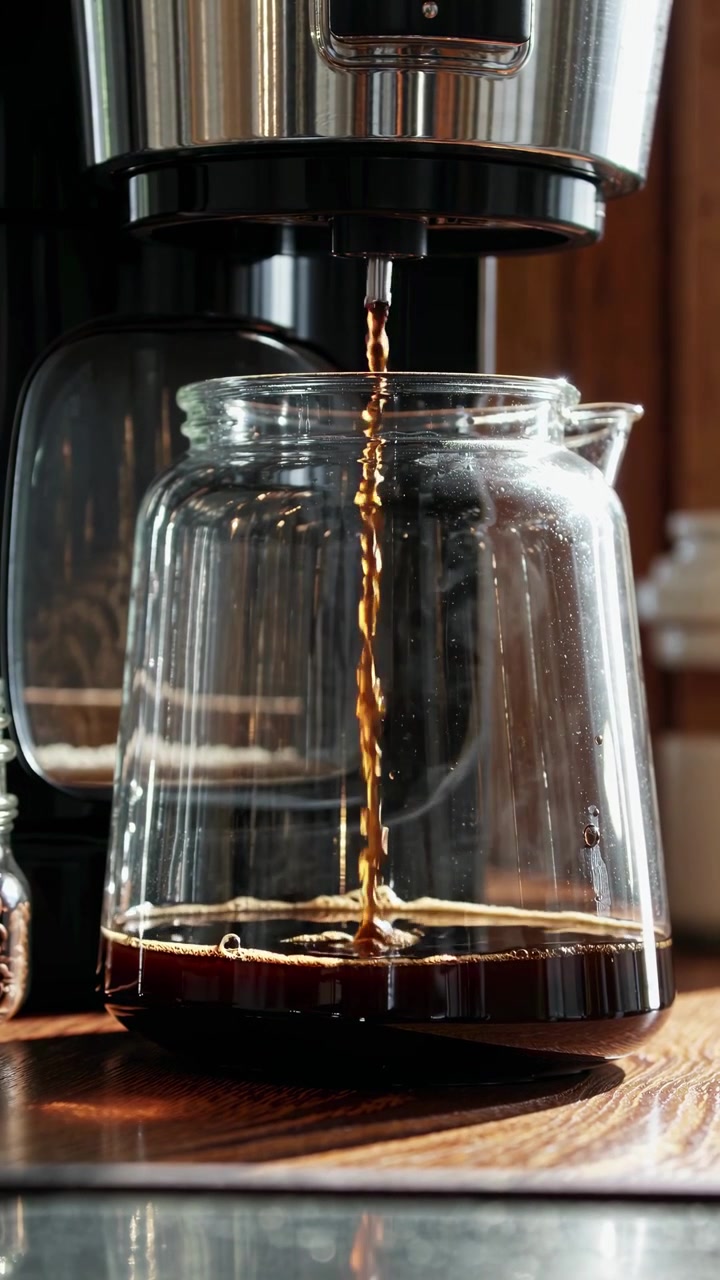 Kopi Panas Menetes dari Pembuat Kopi ke dalam Teko Kaca