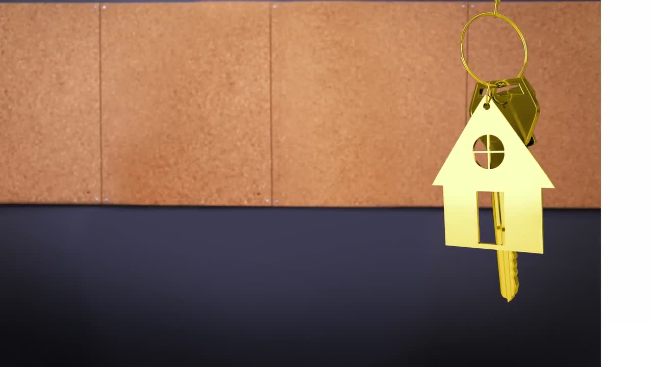 animación de una llave dorada con un llavero sobre un fondo marrón y negro