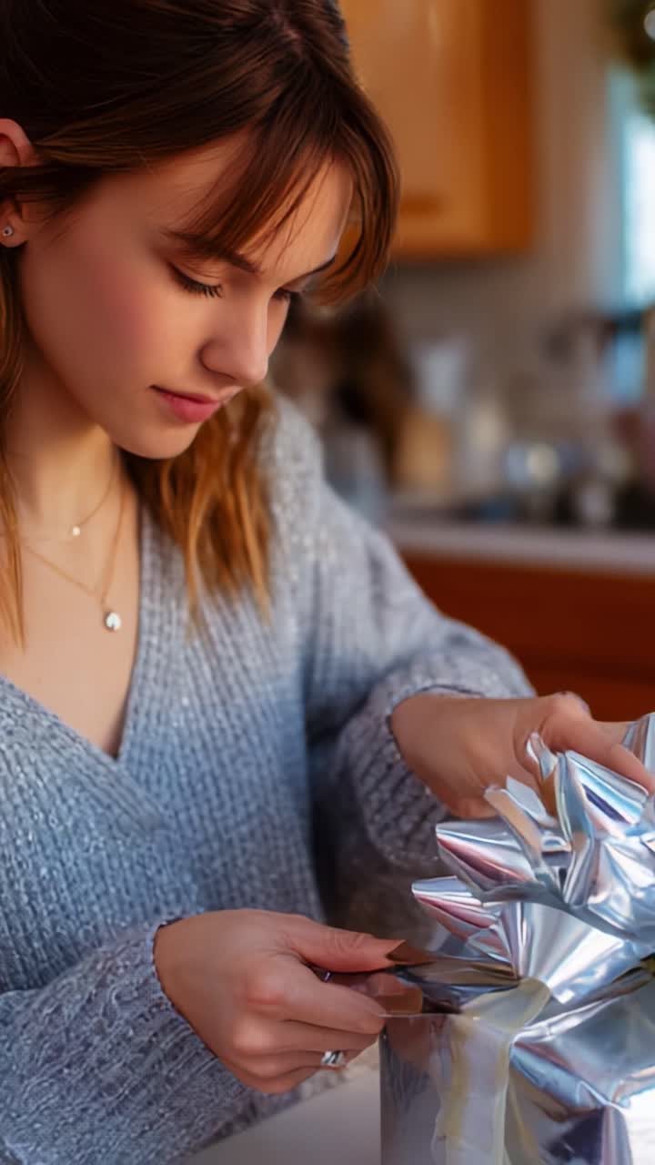 A Thoughtful Moment: A Young Woman Delicately Unwrapping a Beautifully Wrapped Gift with a Silver Bow, Capturing the Excitement and Anticipation of Gift Giving in a Cozy, Warm Atmosphere