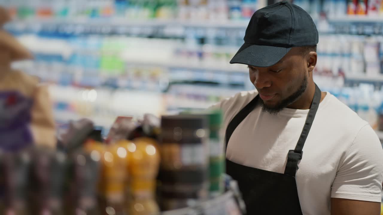 Close-up shot of a man with Black skin in a white T-shirt and a black apron laying out a product in the window of a large supermarket. A male worker at a grocery supermarket lays out goods on the counter and sorts them