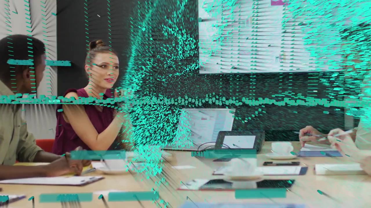 Woman speaker pointing sparking teal globe sweeping business table hiding team then showing charts