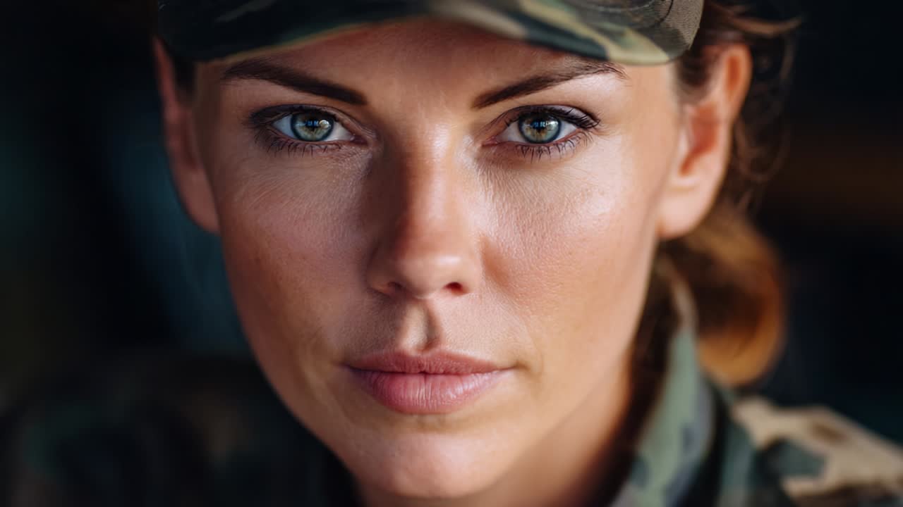 Een close-upportret van een vastberaden militaire vrouw met een felle en vastberaden uitdrukking, die kracht en zelfvertrouwen uitstraalt, met intense blauwe ogen die een verhaal vertellen over toewijding en dienst in uniform