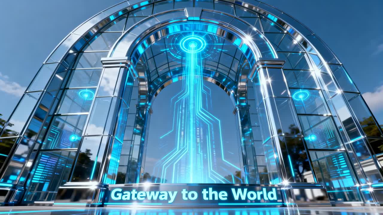 Activating arched chrome gateway, core powering and raising cyan energy column showing LED text