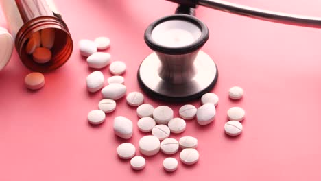 medical supplies and pills on a pink surface.